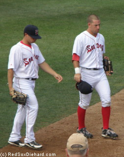Daniel Nava and Ryan Kalish walk off the field at the end of an inning.
