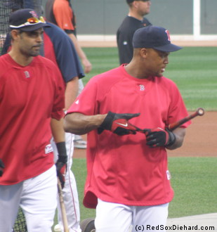 Mike Lowell and Adrian Beltre walk in at the end of B.P.  Both third basemen were potentially nearing the end of their Red Sox careers; Lowell had already announced his retirement, and Beltre was headed for free agency.