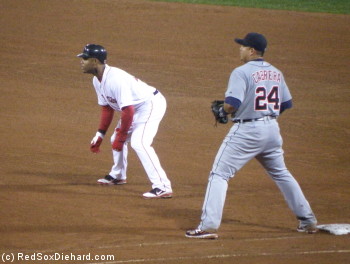 Carl Crawford takes a lead off first, just before scoring the game's only run.