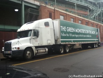 The truck reads: "THE GREEN MONSTER'S ON THE MOVE. Follow the 100-year legacy to the first year at JetBlue Park."