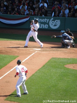 Big Papi was actually trying to check his swing, but he ended up hitting a dribbler down the left field line.  With the shift on, there was no one to make the play, and he reached safely on an RBI single.