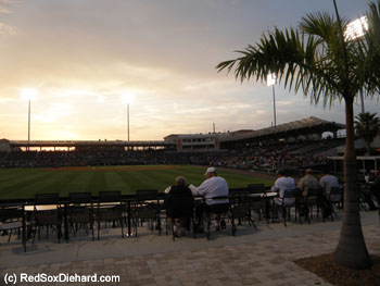 The sun sets at Ed Smith Stadium just before the game.