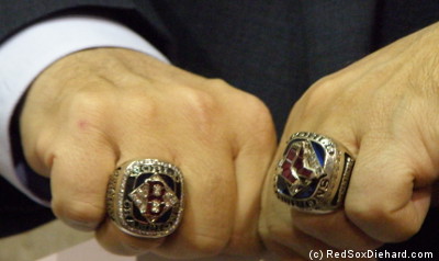 Charles Steinberg showed off his 2004 and 2007 World Series rings.