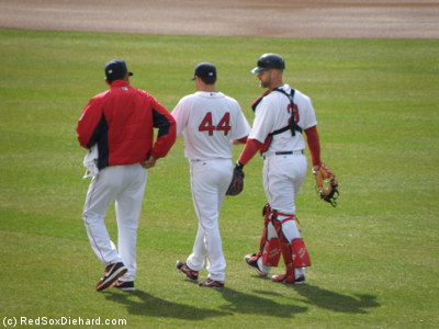 Pitching coach Juan Nieves, Jake Peavy, and David Ross head in after warming up.