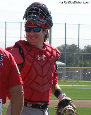 Ryan Hanigan and the other catchers did a drill where they practiced throwing out runners at second and third.