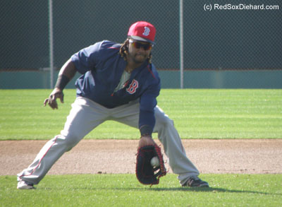 I got my first look at Hanley Ramirez at his new position. He spent the time fielding grounders and receiving throws from the other infielders, and did both without incident.