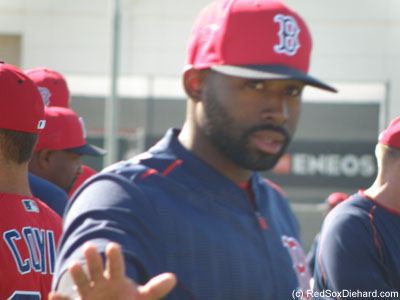 Jackie Bradley Jr. waved to fans as the players took the field to stretch.  He also took the time to sign autographs on his way in at the end of the day.