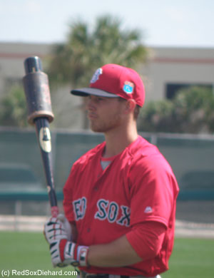 Second base prospect Sean Coyle waits for his turn in batting practice.  After they were doen, he took the time to sign autographs, as did Lovullo, Gedman, and non-roster invitees Brennan Boesch and Ryan LaMarre.