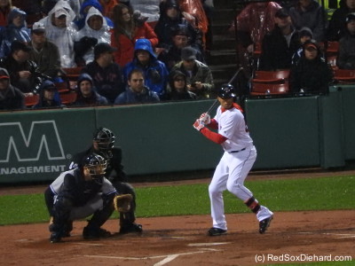 Mookie Betts lead off in front of a wet crowd. He 