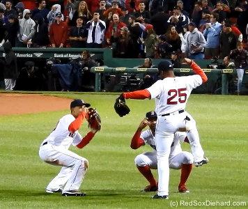 The outfield dance at the end of each win has gained some new steps.  Now Mookie Betts and Chris Young mime taking pitcures of Jackie Bradley Jr. before running in to join the rest of the team after a win.