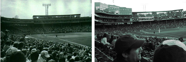Fenway Park, 1987 and 2016.  It looks so different without the club section behind home plate (which was added in 1989), just one lone tree peeking up.