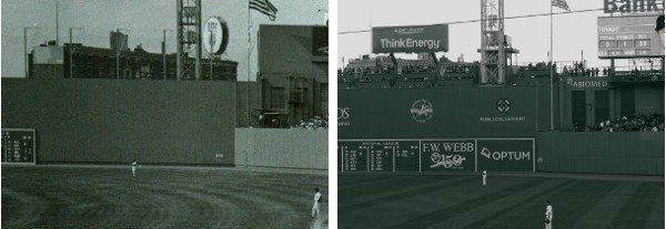 Left: Dwight Evans in right, Ellis Burks in center, and a screen over the Green Monster. Right: Mookie Betts in right, Jackie Bradley Jr. in center, and seats (and a bunch of ads) on the Green Monster.