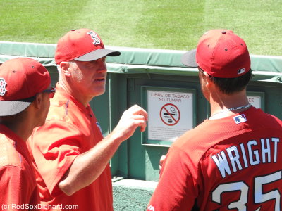 Wright was caught by bullpen catcher Mani Martinez and watched by bullpen coach Dana LeVangie and pitching coach Carl Willis. When he was done, he fist-bumped them all, but I noticed that they all curled their first two fingers up while making the fist, just like throwing a knuckleball.