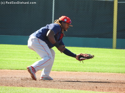 Hanley Ramirez fields a ball at first base.