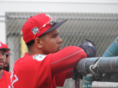 Marco Hernandez takes a break between rounds of B.P.  He started at second base in both of the first two games.