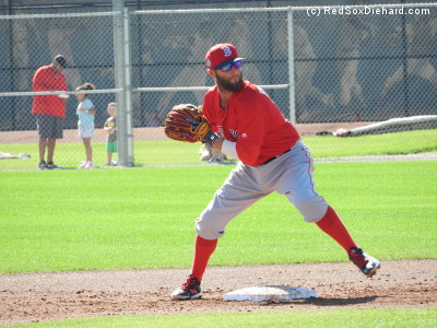Dustin Pedroia doing his thing during fielding practice.