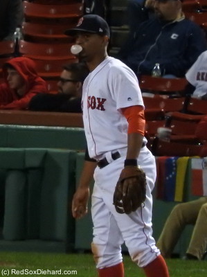 The game's not official until I get a picture of Xander Bogaerts blowing a bubble with his gum.  It's kind of like trying to capture Dustin Pedroia in the air when he does his trademark hop before each pitch.  Come to think of it, I didn't get a good picture of the "Pedey hop" tonight, so does that mean this game doesn't count?