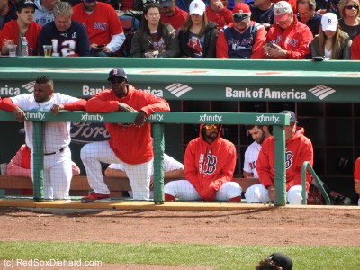 One small change at Fenway this year is that the dugouts go three feet further out than before. That's enough room to put a second bench in behind the first step, but most players spent the game leaning against the railing.