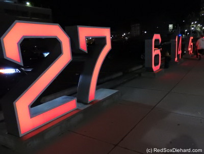 The Red Sox retired numbers light the way to the Yawkey T Station. I don't normally walk past them after a game, but tonight I did.  They're going to need to add a 34 later in the season.