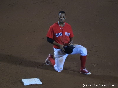 Xander Bogaerts kneels next to second base as the umps review his slide.  He ended up being ruled out because of his slide, but it looked legit to me in the replays I saw.