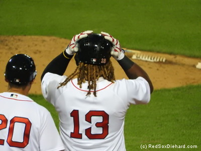 Hold onto your hat - Hanley Ramirez adjusts his helmet after his seventh inning single.