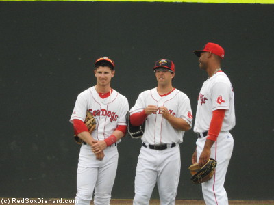 Outfielders Danny Mars, Cole Sturgeon, and Jeremy Barfield wait out a pitching change.