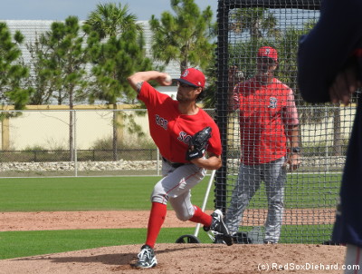 Joe Kelly throws live batting practice. A few picthes later, he was hit in the leg by a comebacker to the mound. He walked off under his own power and was sent for precautionary x-rays.