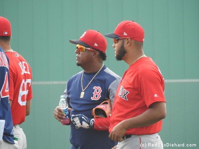 Pedro Martinez has been in camp all week to work with the young pitchers, including Eduardo Rodriguez. I heard that Pedro had spent over an hour signing autographs and taking selfies with fans earlier in the week before I came down, but today he was all business. He spent some time watching this fielding drill, but most of his day was spent in the bullpens, which are out of view of the fans.