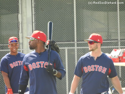 Rafael Devers, Jackie Bradley Jr., and Andrew Benintendi return from the batting cages to take B.P. on the field.