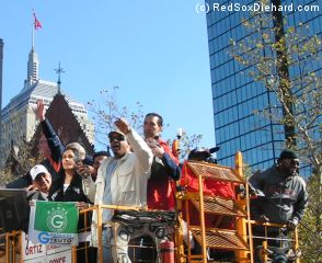 Manny and Big Papi wave from the Duck Boat